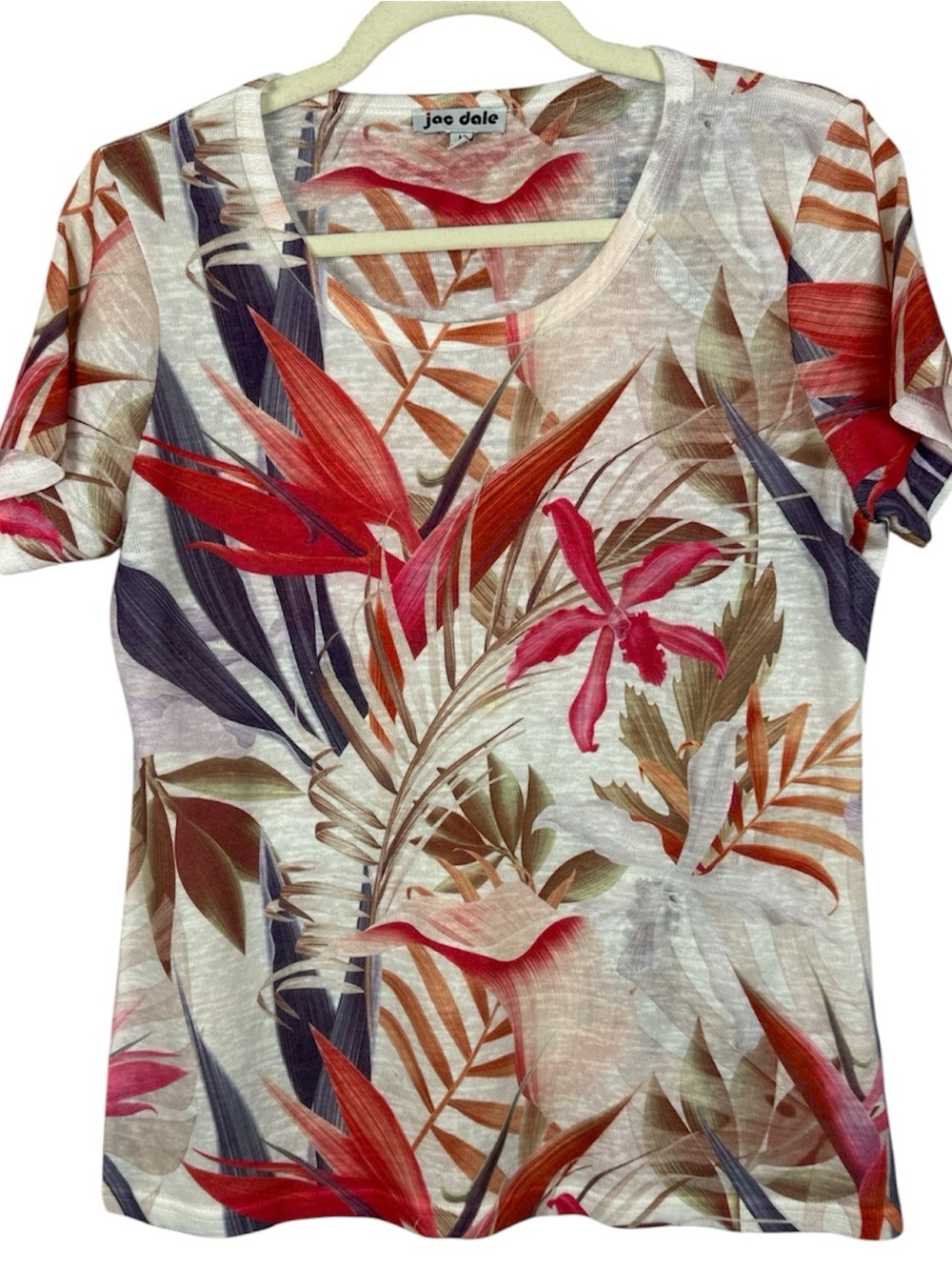 Jac Dale Tropical Floral Lightweight Bird of Paradise Scoop Neck Top Size Med